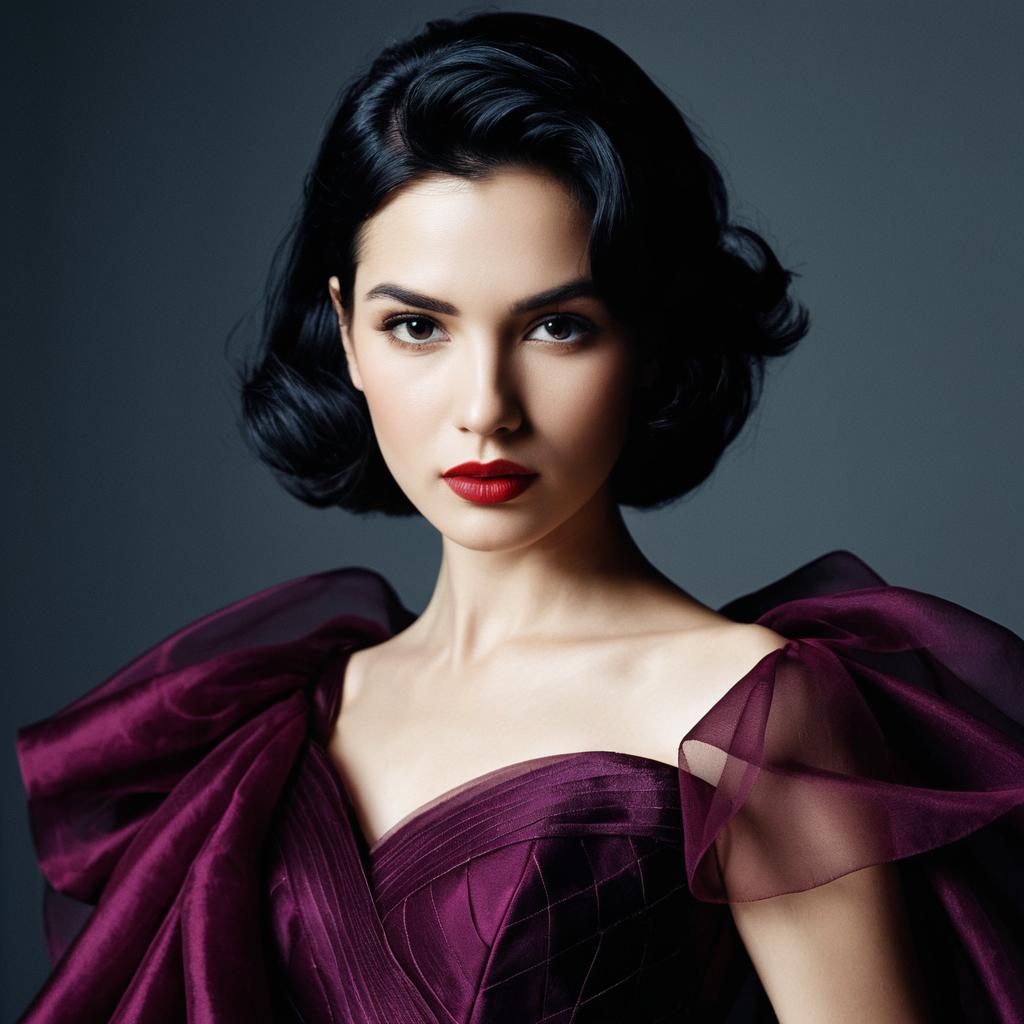 Elegant Woman in Vintage Style Purple Dress with Red Lipstick