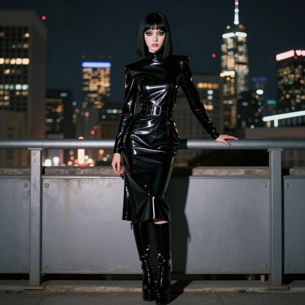 Edgy Woman in Black Latex Dress on Urban Nighttime Rooftop