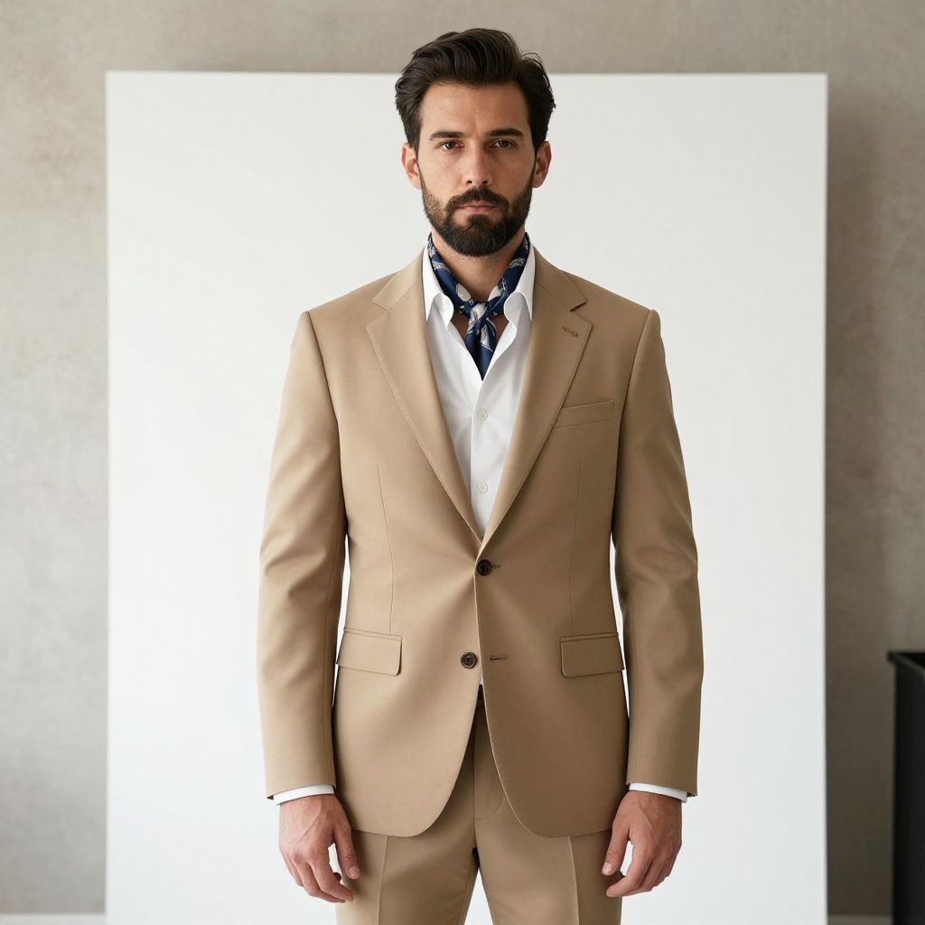 Man in Beige Suit with Scarf Standing Against Minimalist Background