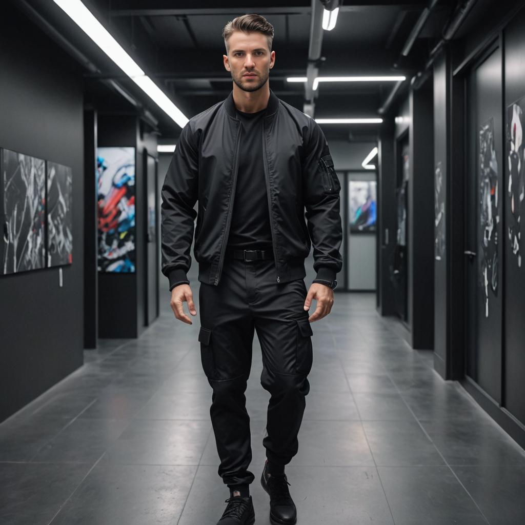 Confident Man in Stylish Black Outfit in Urban Gallery