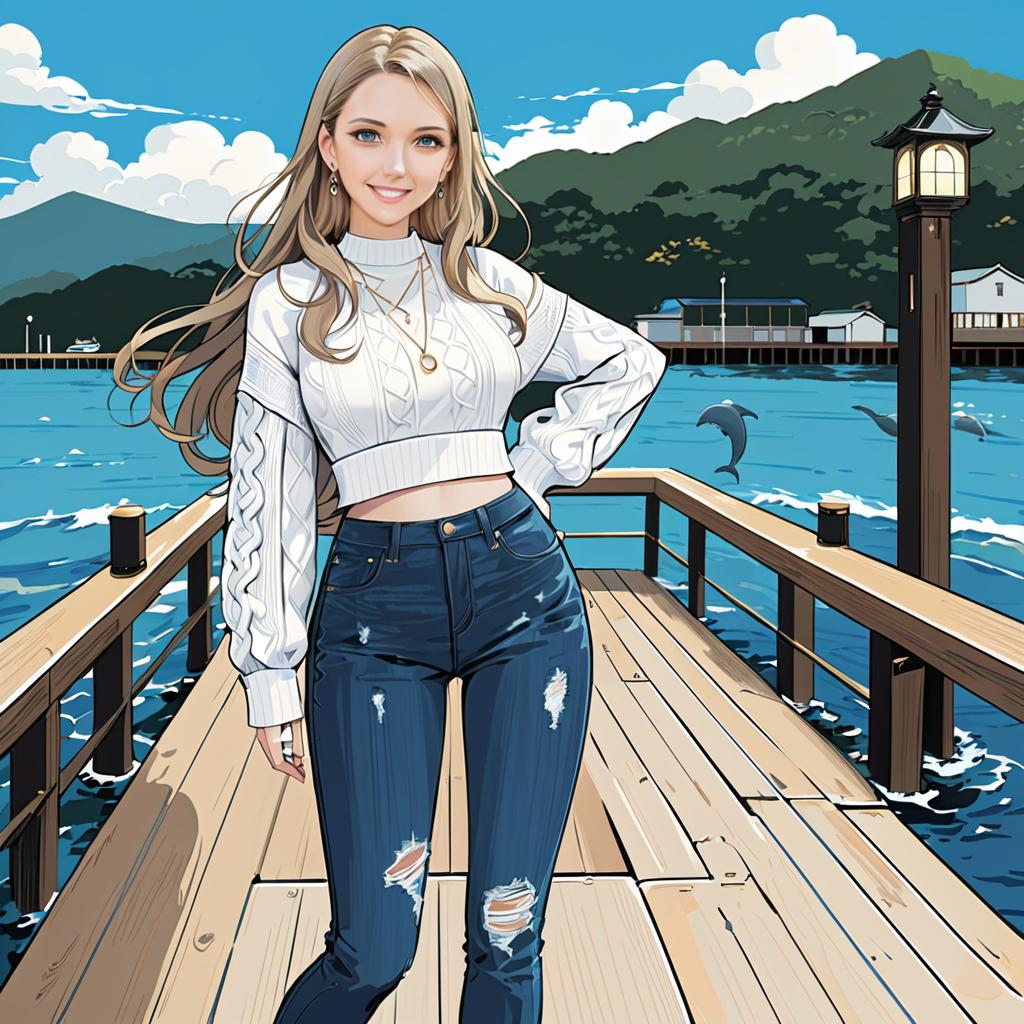 Anime Woman on Pier with Ocean View