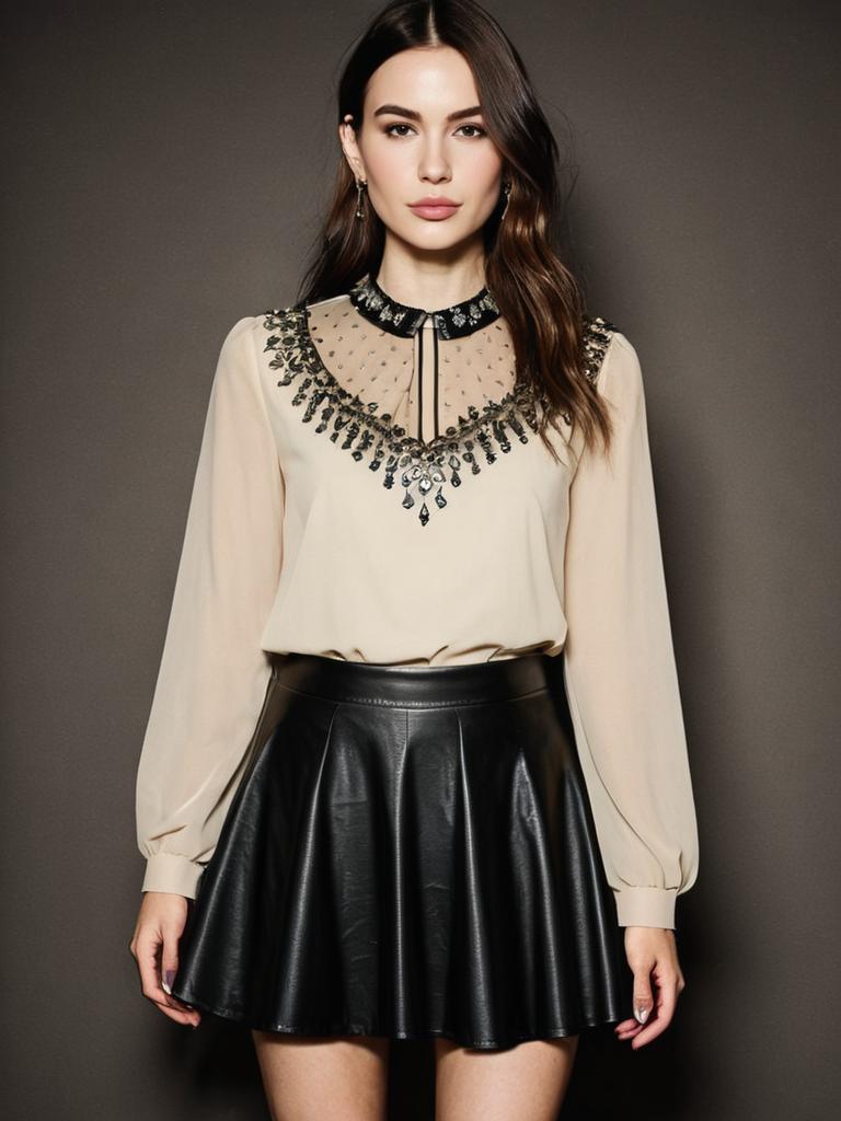 Woman in Edgy Beige Blouse with Embellished Neckline and Sheer Long Sleeve