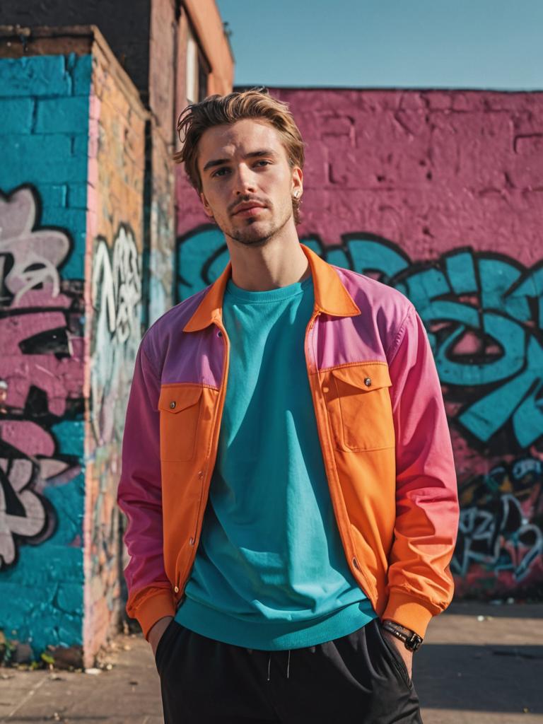 Hip-Hop Fashion: Orange & Purple Jacket, Urban Graffiti