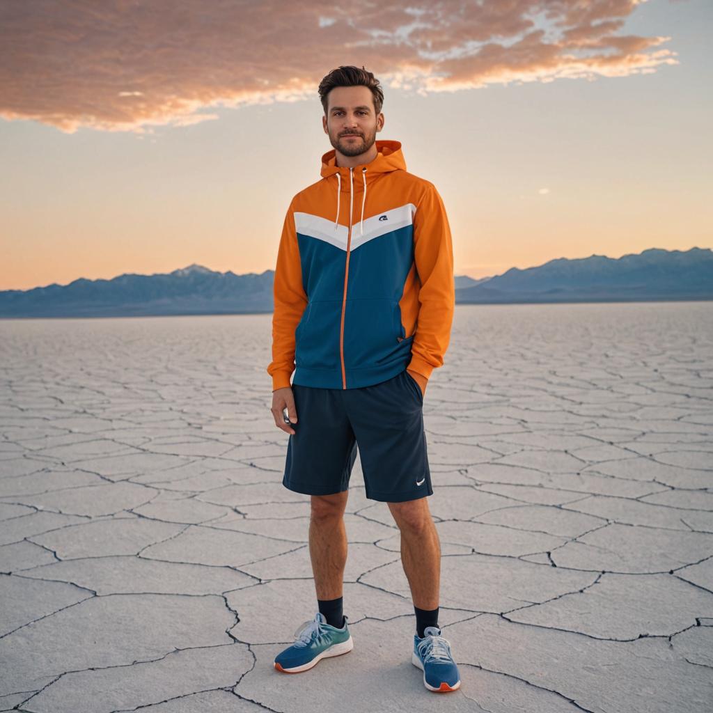 Confident Man in Colorful Jacket Against Desert Sunset