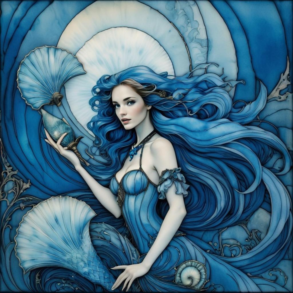 Fantasy Mermaid with Flowing Blue Hair and Seashells Digital Art