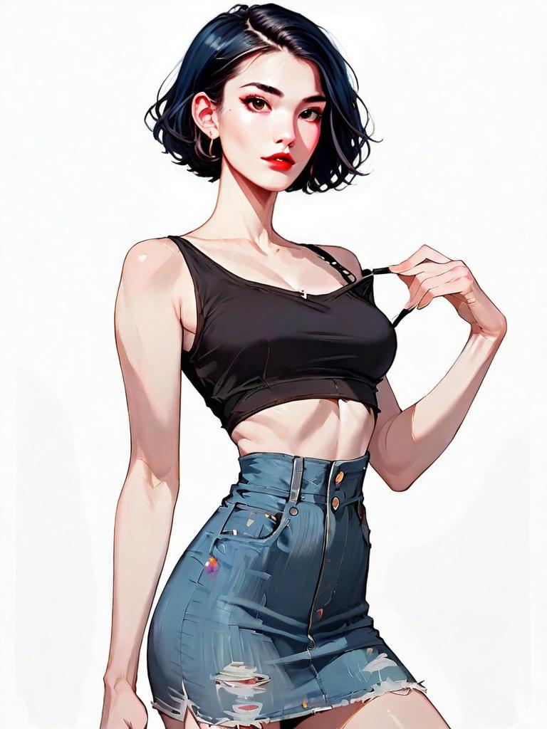 Realistic Comic Style Illustration of Woman in Black Crop Top and Denim Skirt