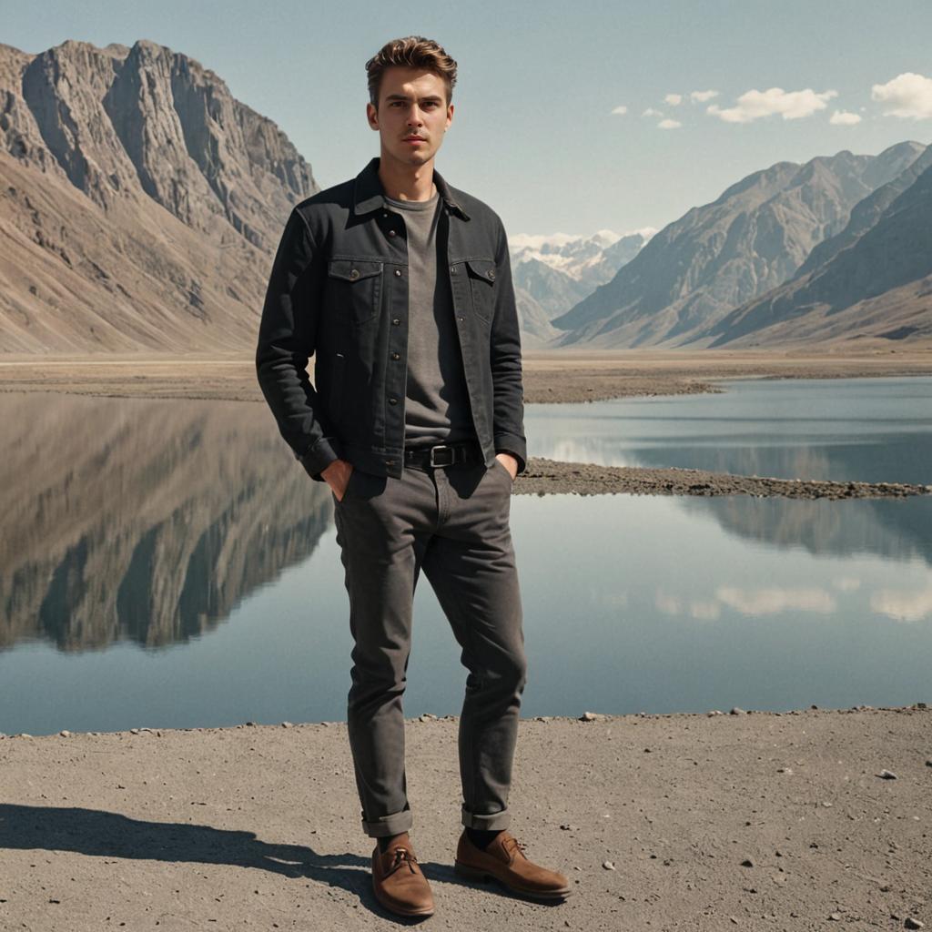 Man in Casual Attire by Serene Lake and Mountains