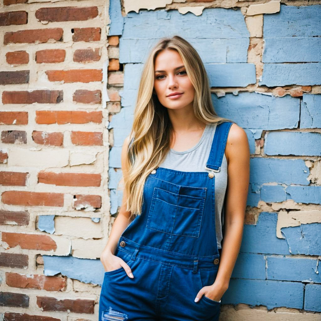 Confident Young Woman in Denim Overalls Against Brick Wall