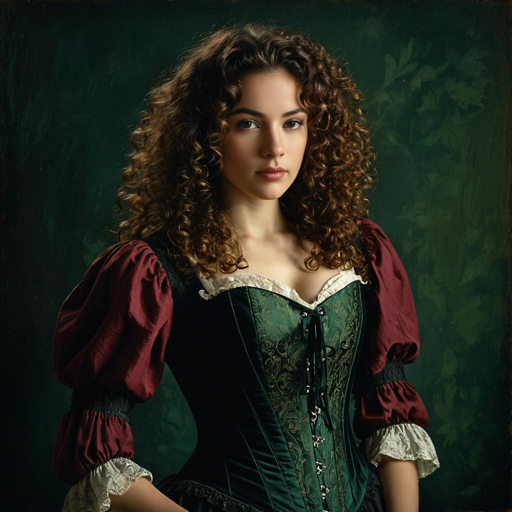 Renaissance Style Portrait of Woman in Green Embroidered Dress with Burgundy Sleeves