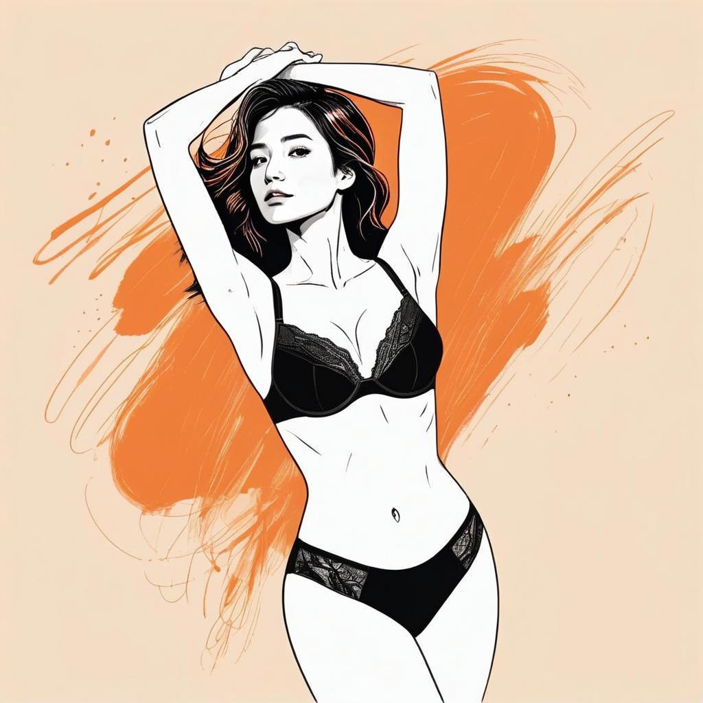 Stylized Digital Illustration of Woman in Black Lace Lingerie with Abstract Background
