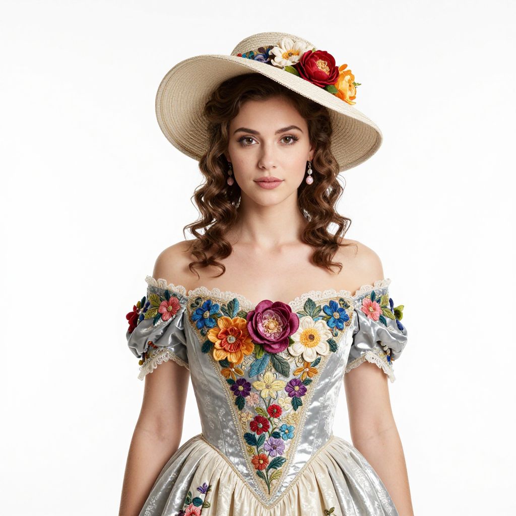Young Woman in Vintage Floral Embroidered Dress and Wide-Brimmed Flowered Hat