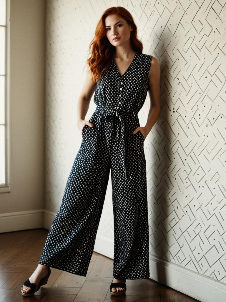Red-Haired Woman in Black Polka Dot Jumpsuit Posing Indoors
