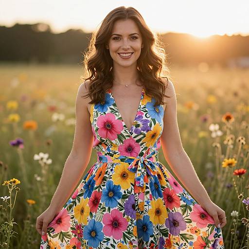 Woman in Colorful Floral Dress in Sunlit Wildflower Field