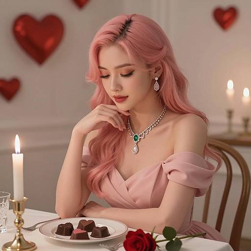 Elegant Pink-Haired Woman Enjoying Romantic Valentine's Day Chocolates