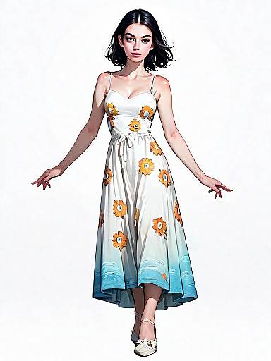 Realistic Comic Style Woman in White Floral Summer Dress Full Body Illustration