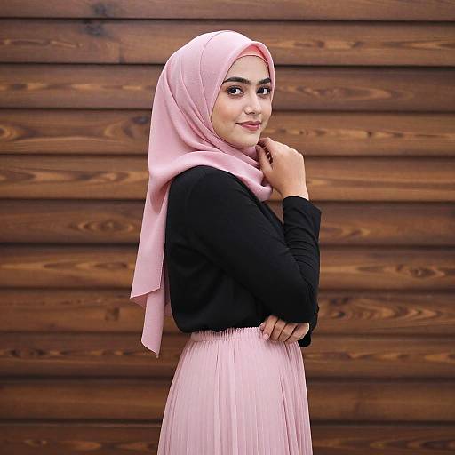 Young Woman in Pink Hijab and Pleated Skirt Standing Against Wooden Wall