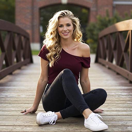 Young Woman Sitting on Wooden Bridge in Casual Fashion Outfit