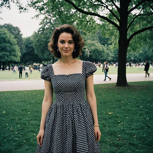 Woman in Polka Dot Dress Posing in Park with Vintage Style