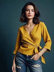 Young Woman in Mustard Yellow Wrap Blouse and Ripped Jeans Casual Fashion Portrait