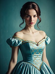 Woman in Elegant Belle Dress Waist Up Editorial Portrait Photorealistic