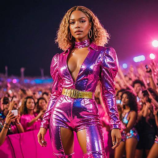 Fashionable Woman in Metallic Pink Jumpsuit at Nighttime Festival