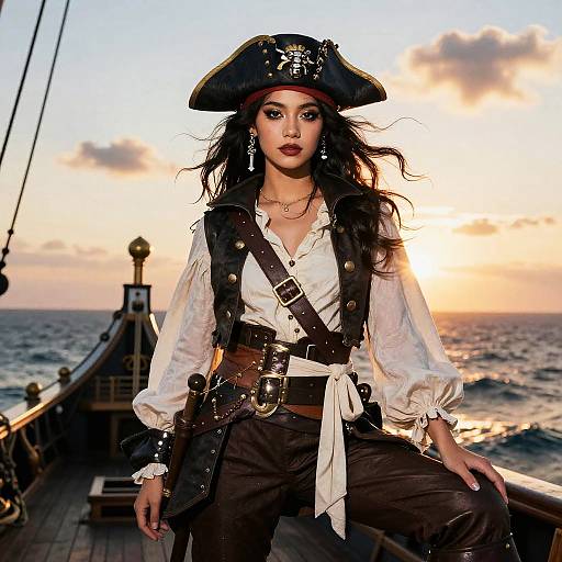 Woman in Authentic Pirate Costume on Ship Deck at Sunset