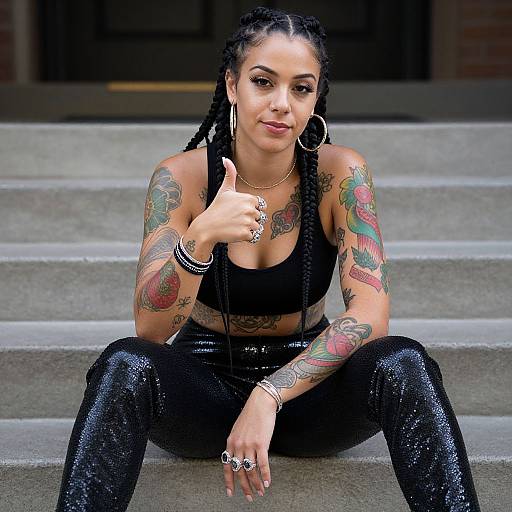 Confident Tattooed Woman in Urban Style Giving Thumbs Up on Steps