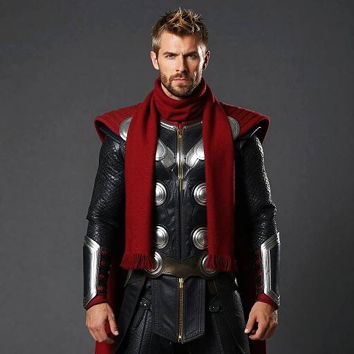 Male Thor Costume with Red Scarf and Black Armor