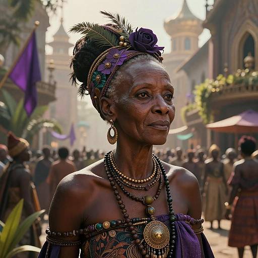 Regal Elderly Woman in Traditional Tribal Attire with Purple Headdress