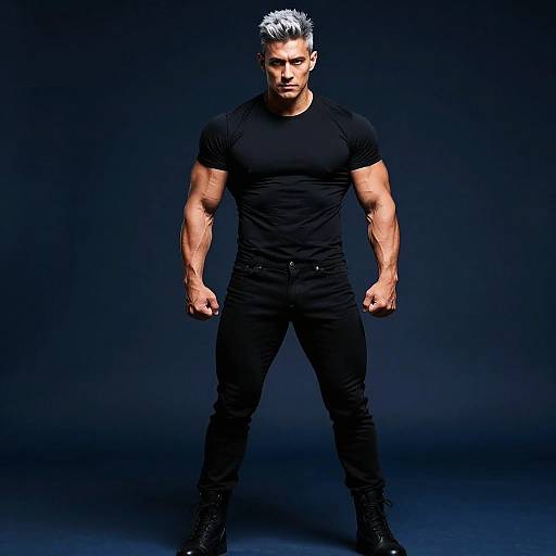 Muscular Man with Silver Hair in Black Outfit Posing Confidently