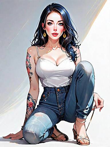 Realistic Comic Style Portrait of Woman in Casual Fashion with Tattoos