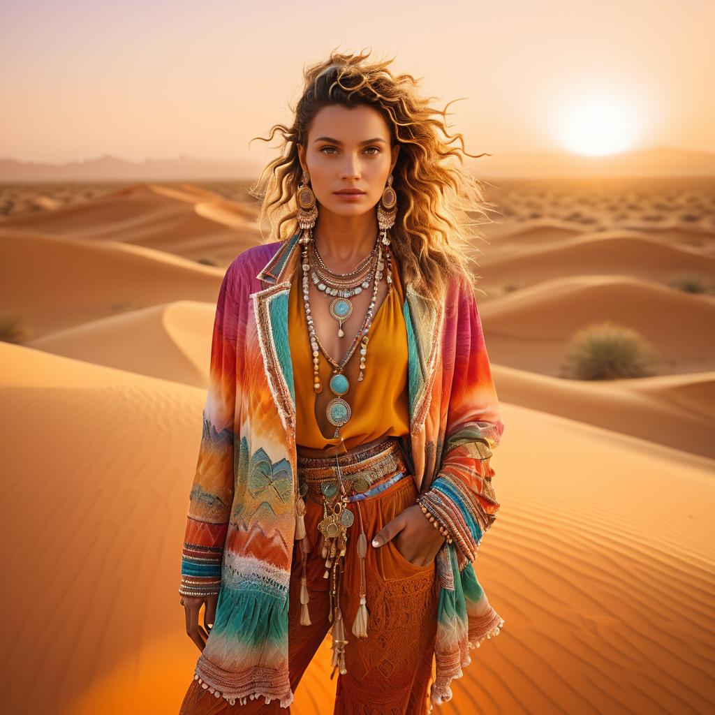 Stylish Woman in Bohemian Outfit at Sunset in Sand Dunes