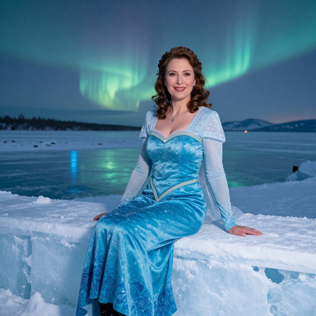 Woman in Blue Winter Gown Sitting on Snow with Northern Lights in Background