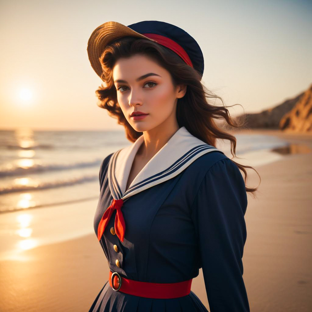 Vintage Sailor-Inspired Woman on Beach at Sunset