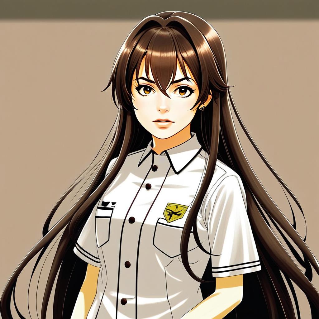 Anime Style Portrait of Woman with Long Brown Hair in White Shirt