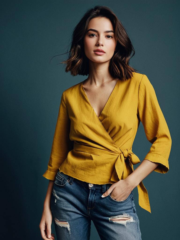 Young Woman in Mustard Yellow Wrap Blouse and Ripped Jeans Casual Fashion Portrait