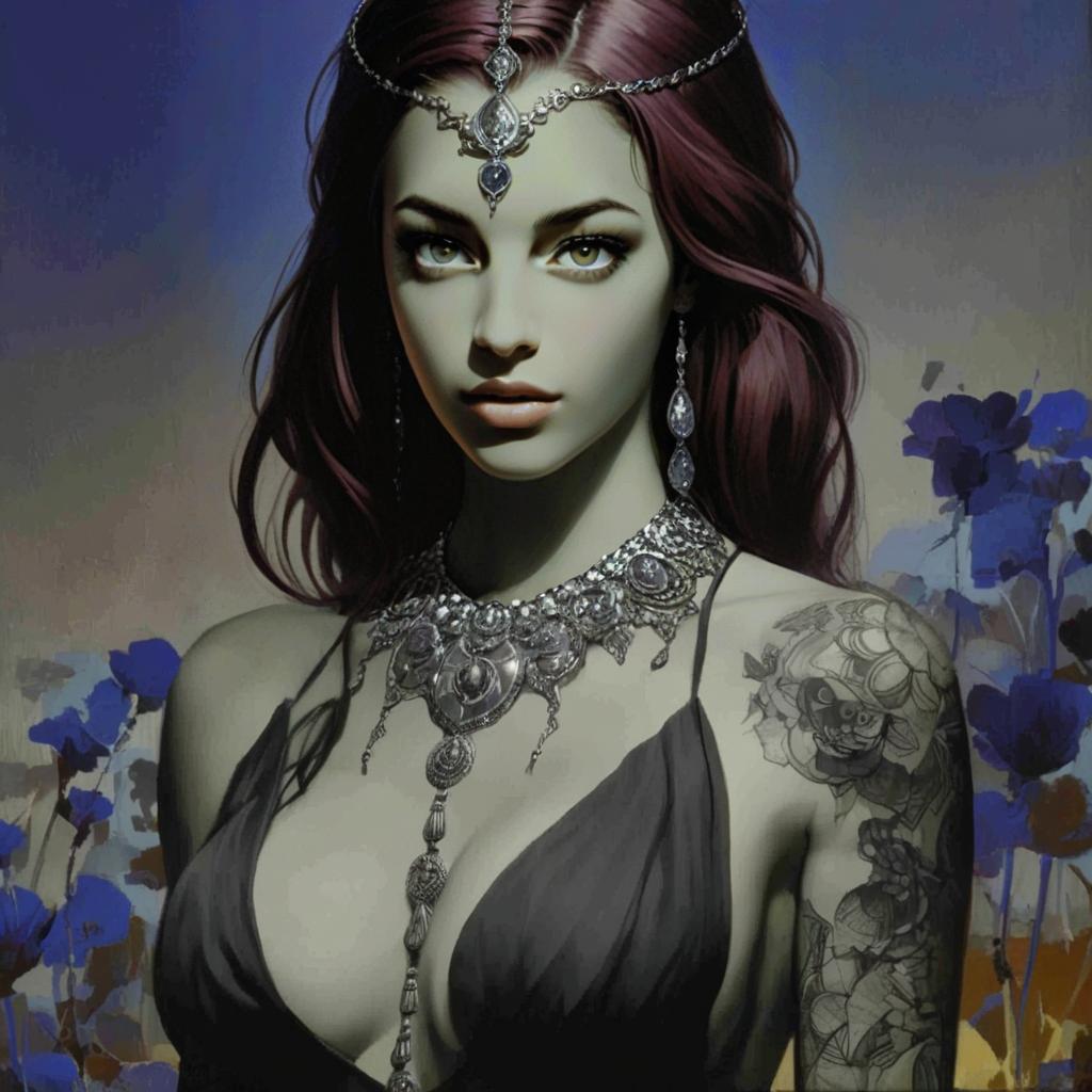 Elegant Fantasy Woman Portrait with Silver Jewelry and Tattoo