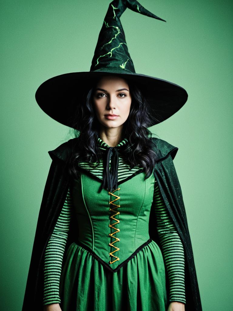 Woman in Green Witch Costume Photorealistic Studio Portrait
