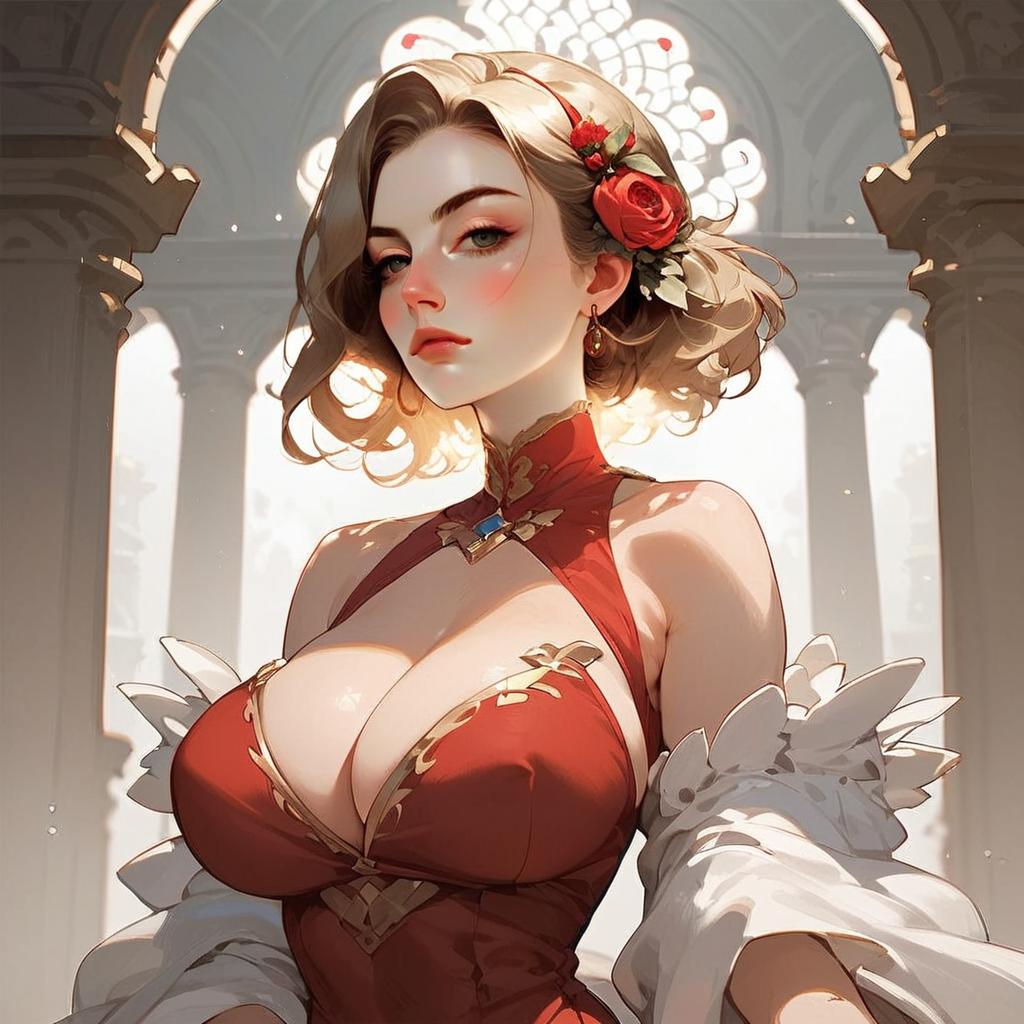 Elegant Blonde Woman in Red Cheongsam Anime Artwork