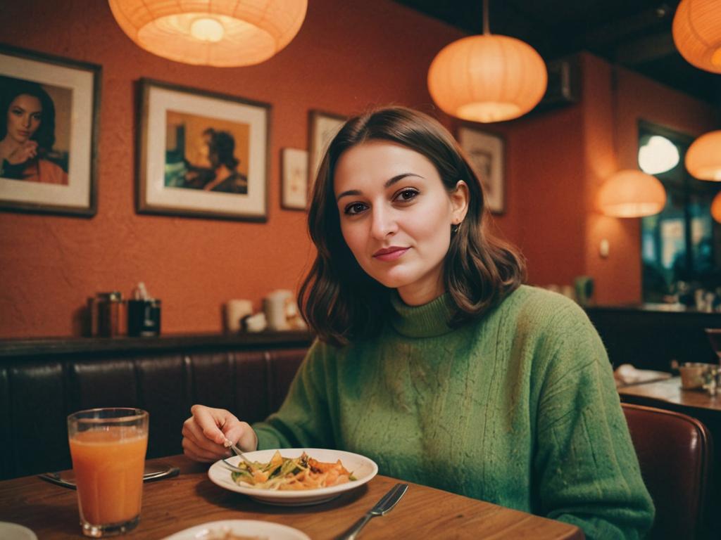 Woman Enjoying a Meal in a Cozy Restaurant