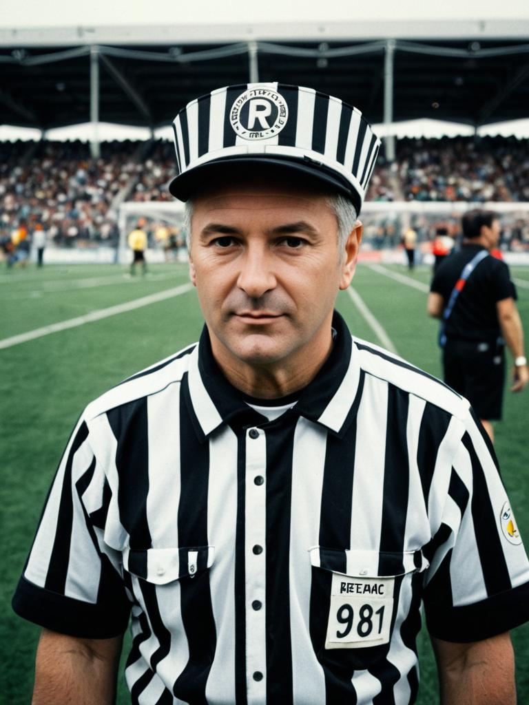 Man in Referee Costume at Cosplay Festival Photorealistic Portrait