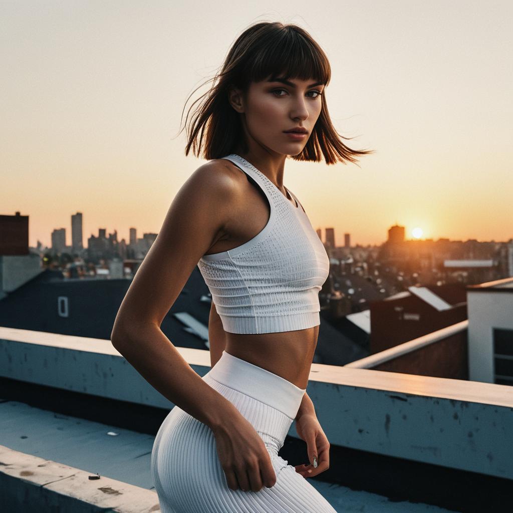 Woman in White Athletic Outfit on Rooftop at Sunset Woman in White Athletic Outfit on Rooftop at Sunset