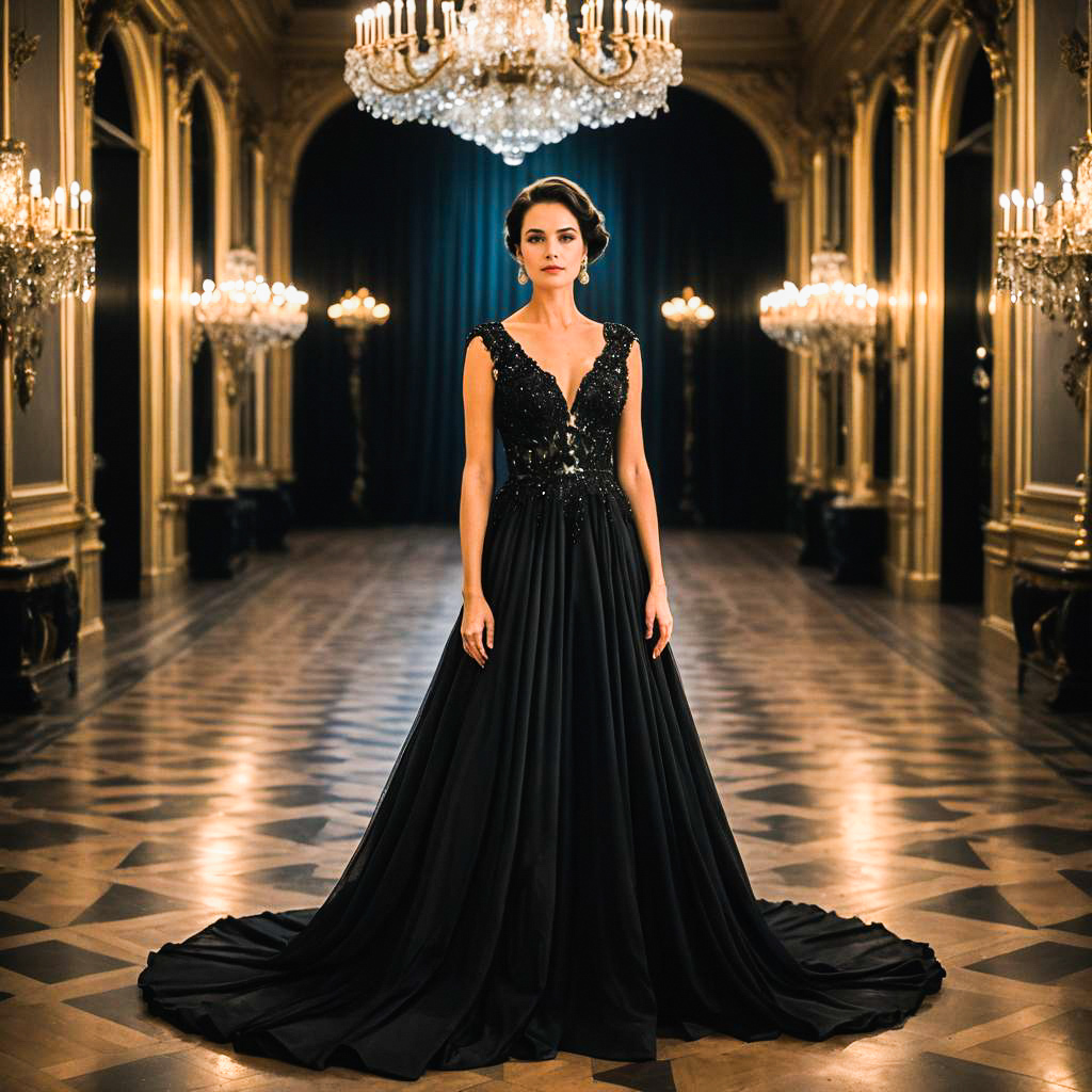 Elegant Woman in Black Evening Gown in Opulent Hall