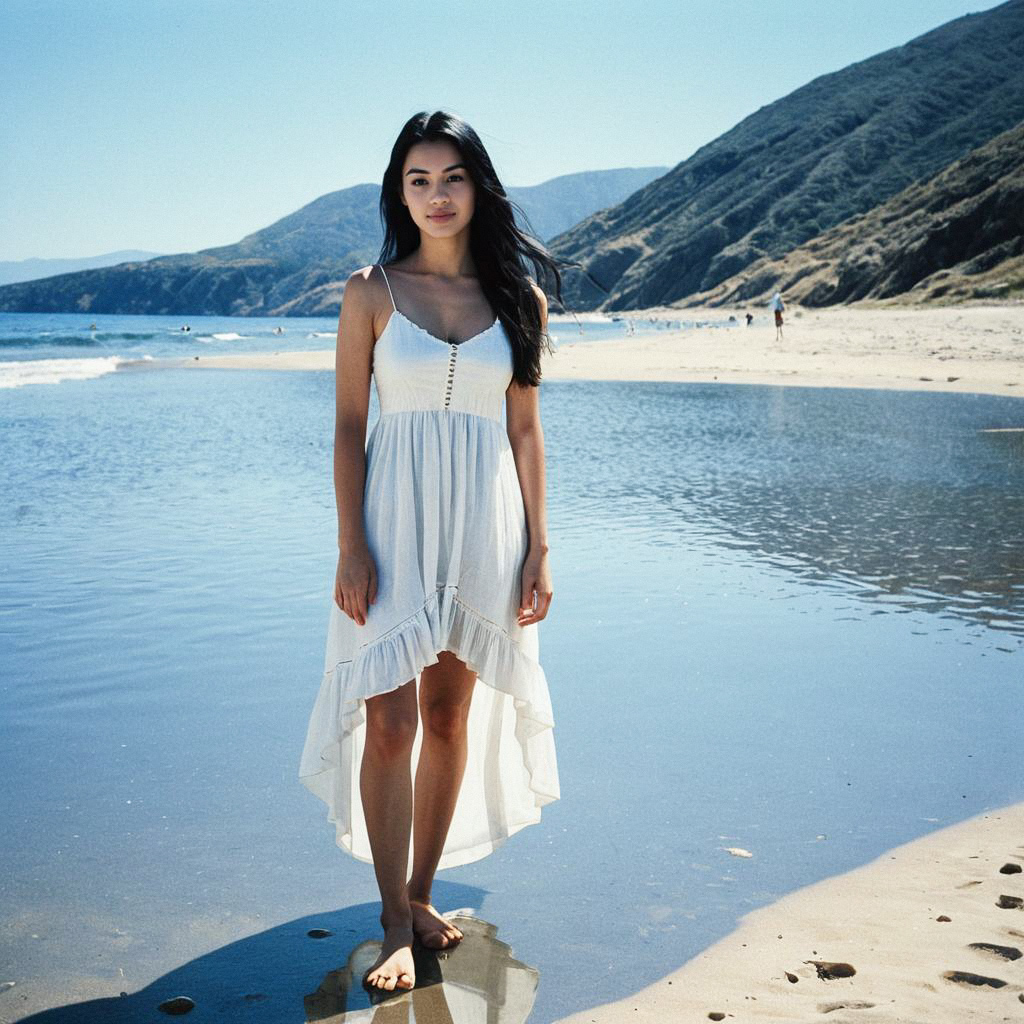 Woman in White Dress on Reflective Beach Woman in White Dress on Reflective Beach