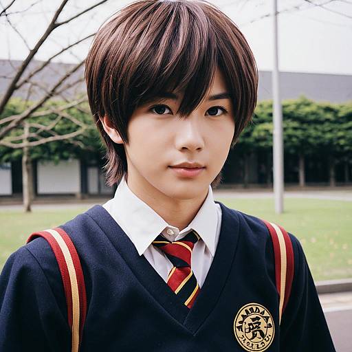 Young Man in Traditional Japanese School Uniform with Red and Gold Stripes