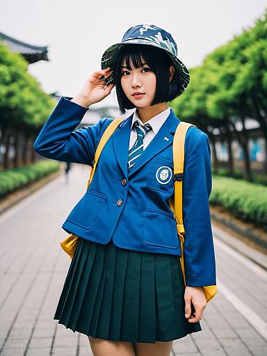 Young Woman in Blue School Uniform with Bucket Hat on Urban Street