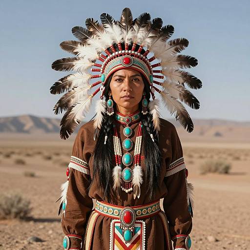 Native American Woman in Traditional Feathered Headdress and Turquoise Jewelry in Desert
