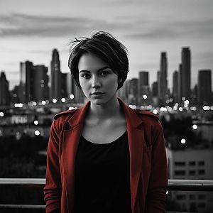 Moody Portrait of Woman in Red Jacket Against City Skyline in Black and White