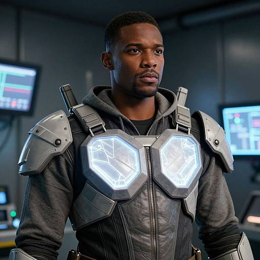 Futuristic Man Wearing Advanced Armor in High-Tech Control Room