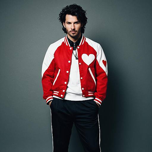 Man Wearing Red and White Varsity Jacket with Heart Design in Casual Streetwear
